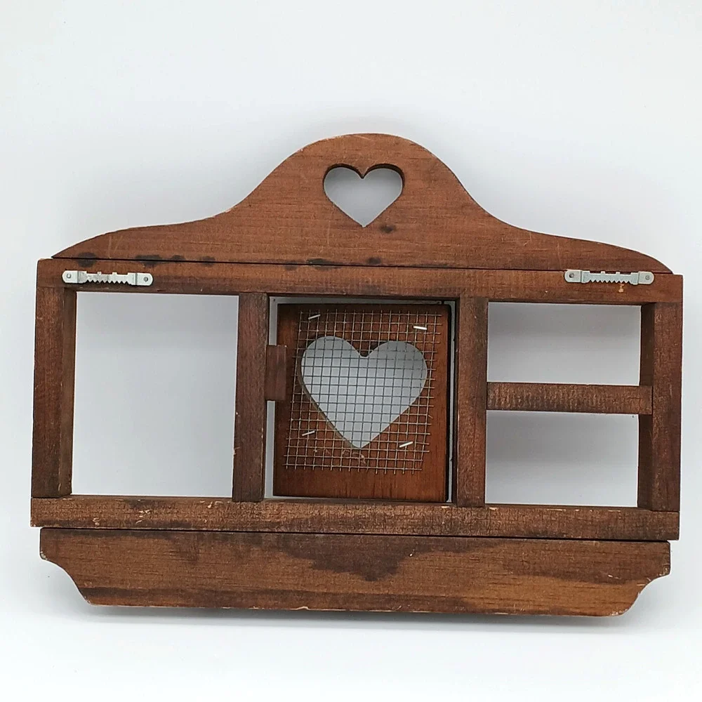 Country Wood Knick-Knack Shelf with Center door and 3 Pegs - Heart Cutout VTG